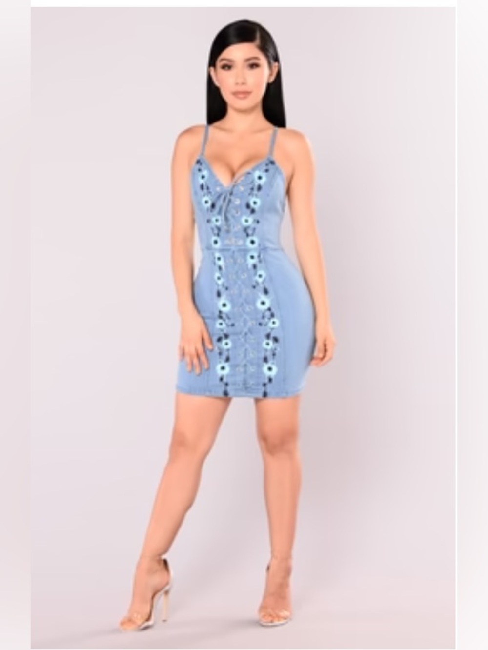 🆕 Denim Blue Embroidered Lace-Up Mini Dress